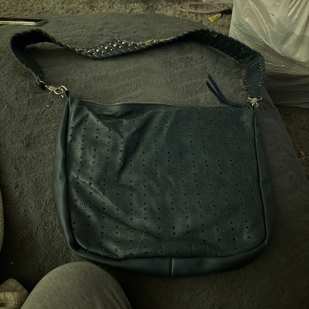 Blue leather shoulder bag with silver studs #grungevibes #y2kfashion